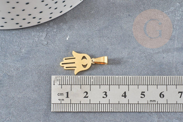 Breloque main fatma acier doré,création bijoux acier inoxydable ,pendentif religion, Pendentif zircon,19.5mm, x1 G3648