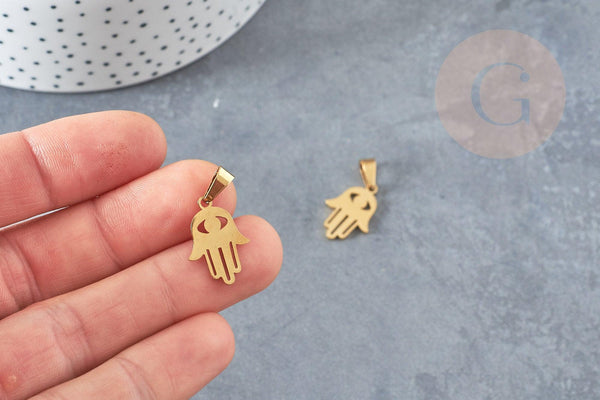 Breloque main fatma acier doré,création bijoux acier inoxydable ,pendentif religion, Pendentif zircon,19.5mm, x1 G3648