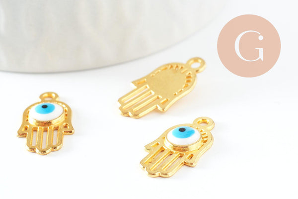 Breloque main fatma oeil laiton doré 18k 20.5mm,pendentif mystique chance pour création bijoux,x1 (G3511)