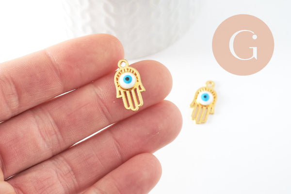 Breloque main fatma oeil laiton doré 18k 20.5mm,pendentif mystique chance pour création bijoux,x1 (G3511)