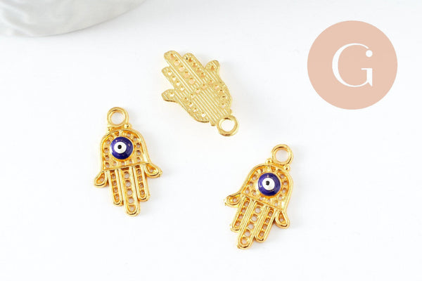 Breloque main fatma oeil laiton doré 18k sans nickel,création bijoux,pendentif religion, Pendentif zircon,20.5mm x1 (G3510)