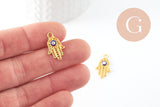 Breloque main fatma oeil laiton doré 18k sans nickel,création bijoux,pendentif religion, Pendentif zircon,20.5mm x1 (G3510)