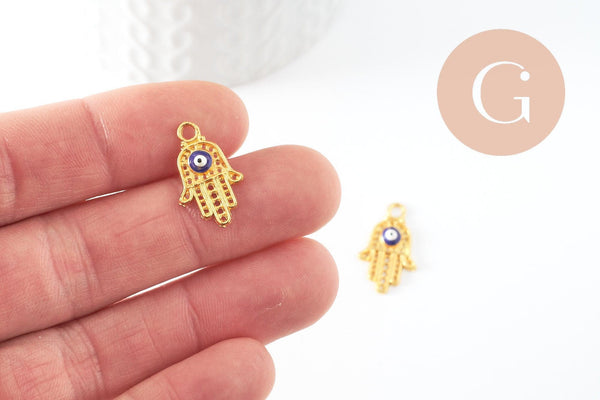 Breloque main fatma oeil laiton doré 18k sans nickel,création bijoux,pendentif religion, Pendentif zircon,20.5mm x1 (G3510)