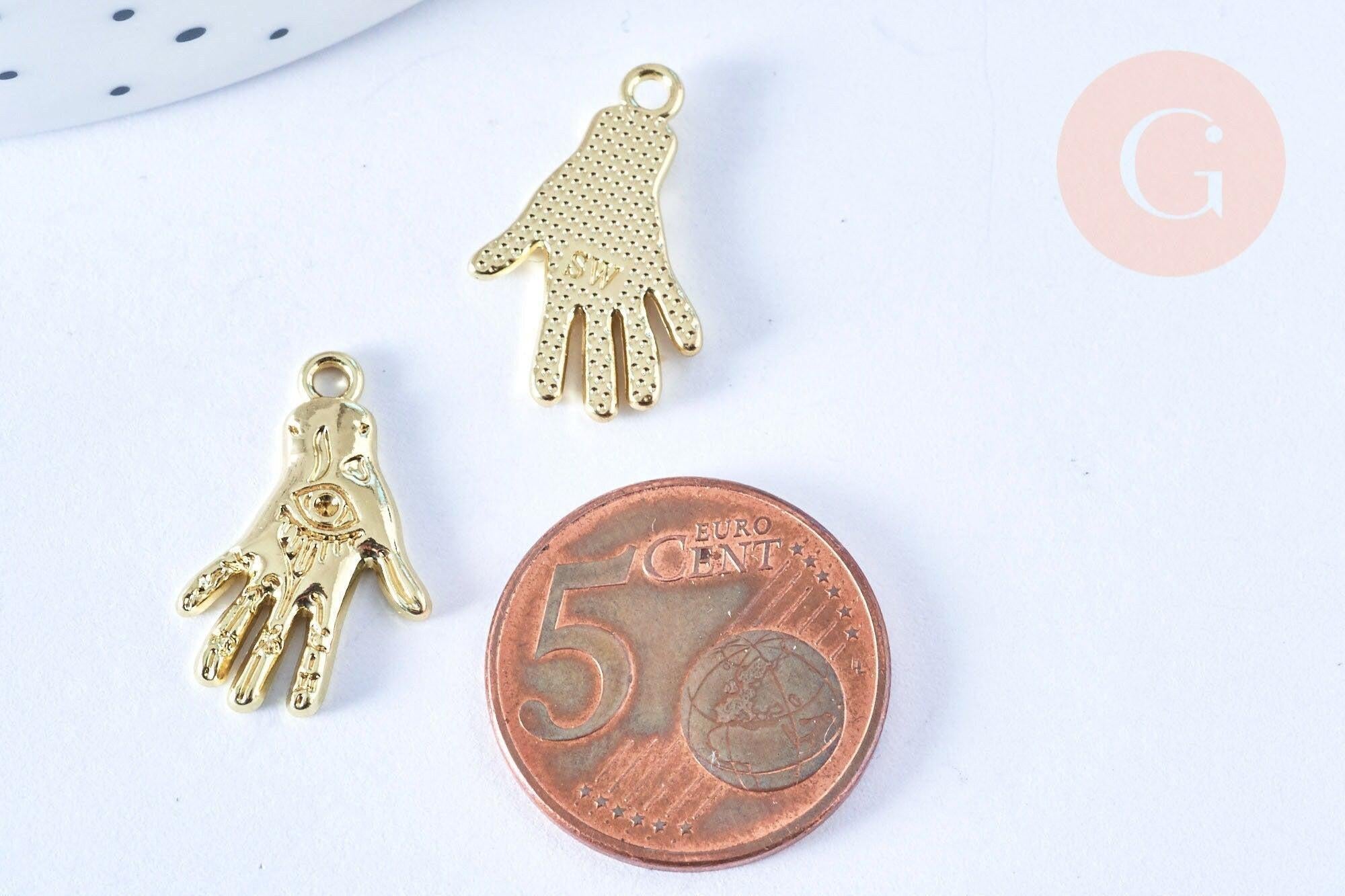 Breloque main oeil protecteur zamac doré 18k 20mm,sans nickel, pendentif chance, x1 (G6005)