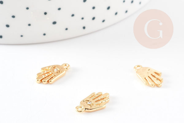 Breloque main oeil protecteur zamac doré 18k cristal zircon 15mm, x1 (G4765)