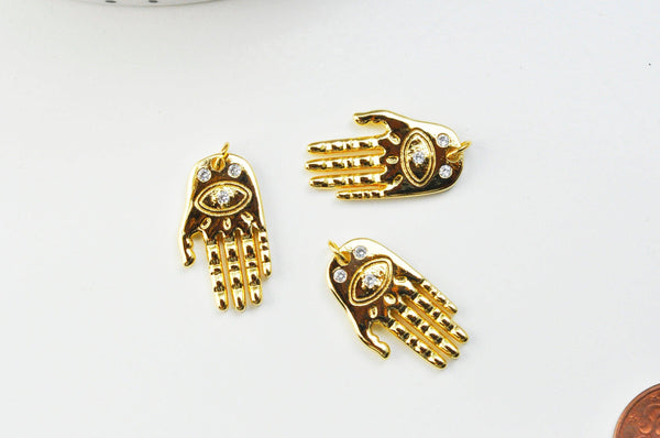 Breloque main oeil protecteur zamac doré 18k cristal zircon 25mm,création bijoux chance x1 (G8746)