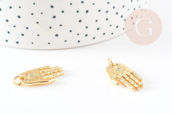 Breloque main oeil protecteur zamac doré 18k cristal zircon 25mm,création bijoux chance x1 (G8746)