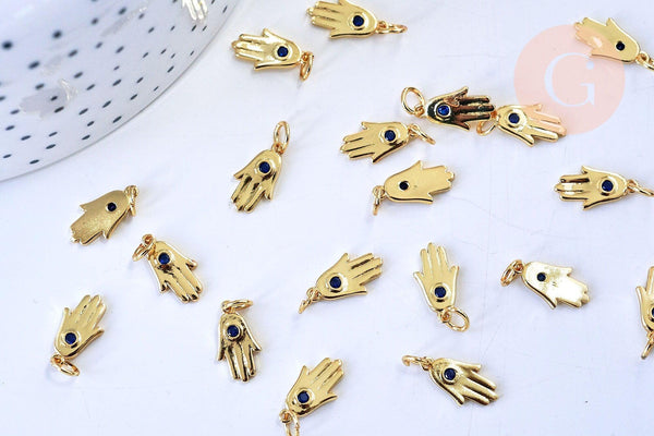 Breloque main oeil protecteur zamac doré 18k cristal zircon bleu 14mm, x1 (G5644)