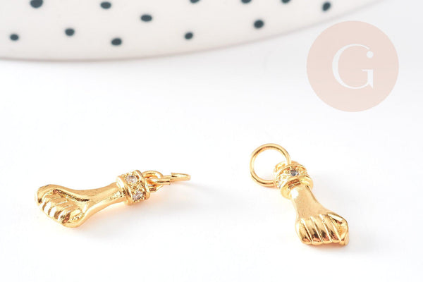 Breloque main poing laiton doré 18k cristal zircon,Pendentif zircon création de bijoux,14.5mm, x1 G5257