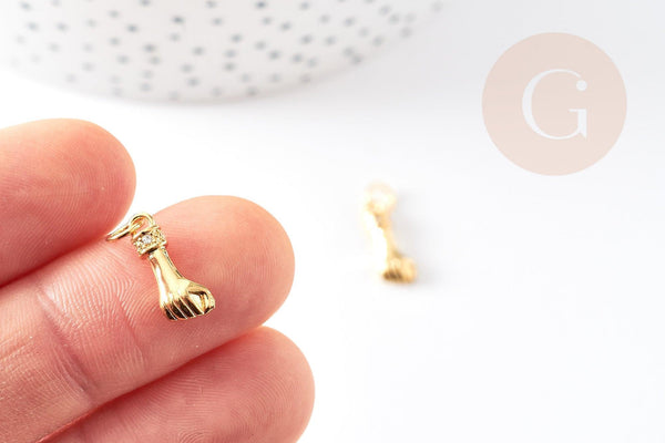 Breloque main poing laiton doré 18k cristal zircon,Pendentif zircon création de bijoux,14.5mm, x1 G5257