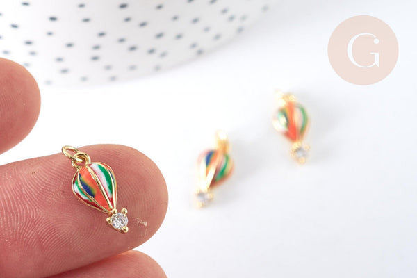 Breloque montgolfière émail multicolore laiton doré et zircon blanc 14mm,création bijoux coloré, x1 G7377