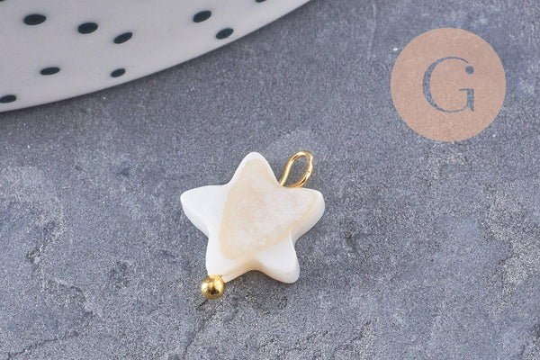 Breloque nacre blanche naturelle coeur étoile lune fleur zamac doré 13~16.5mm, x1 (G10090)