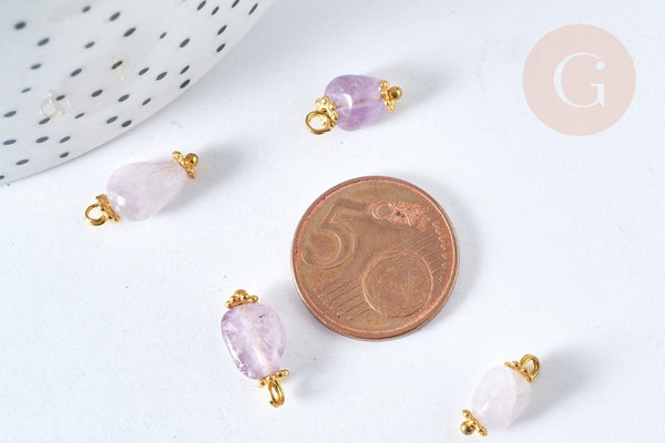 Breloque nuggets jade naturelle violet laiton doré 14~17mm, pendentif bijoux pierre naturelle, x1 (G7588)