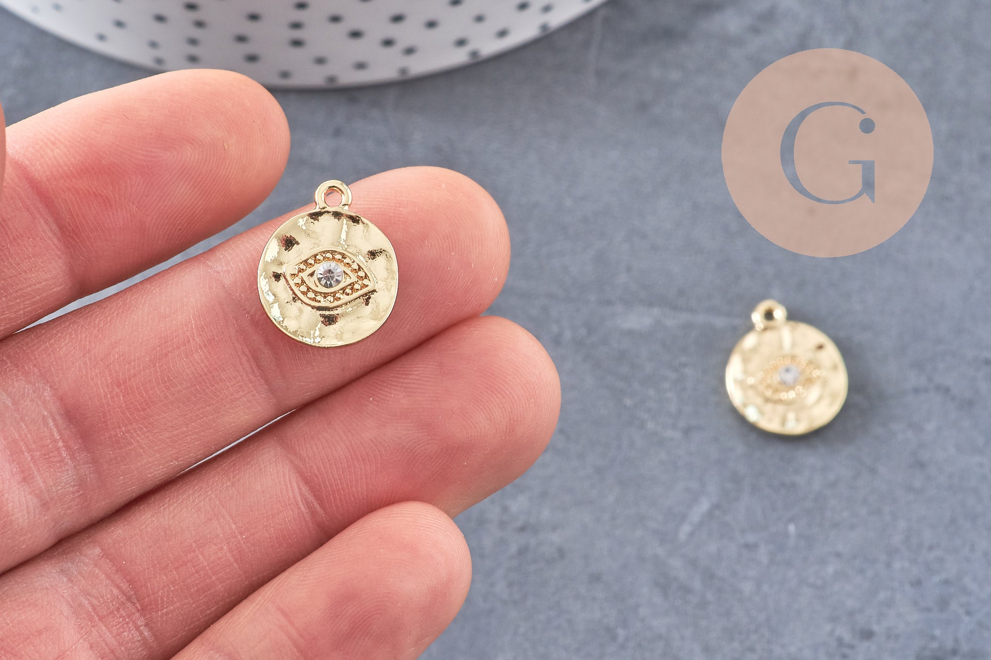 Breloque oeil protecteur zamac doré 18k cristal zircon,sans nickel,création bijoux chance, pendentif chance,17 mm, x1 G5460