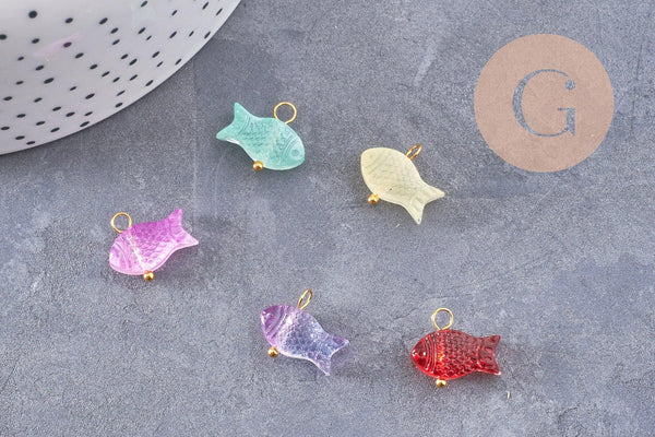 Breloque poisson verre multicolore laiton doré 15.5mm, x5 (G10218)