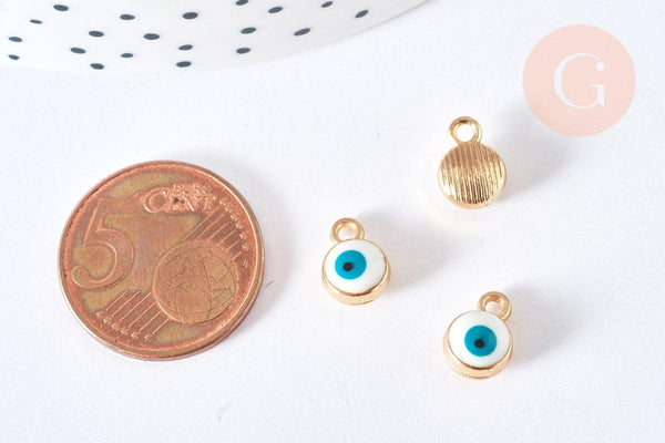Breloque rond Œil émail blanc 10mm, pendentif mauvais œil en résine, création bijoux chance, x 10 G7117