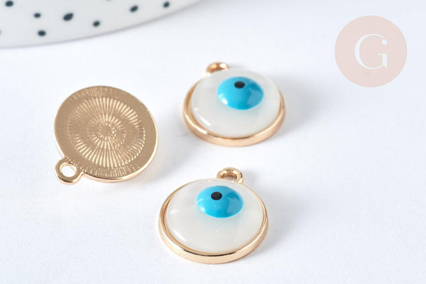 Breloque rond Œil protecteur zamac doré émail blanc 19mm, création bijoux chance, x1 G7408