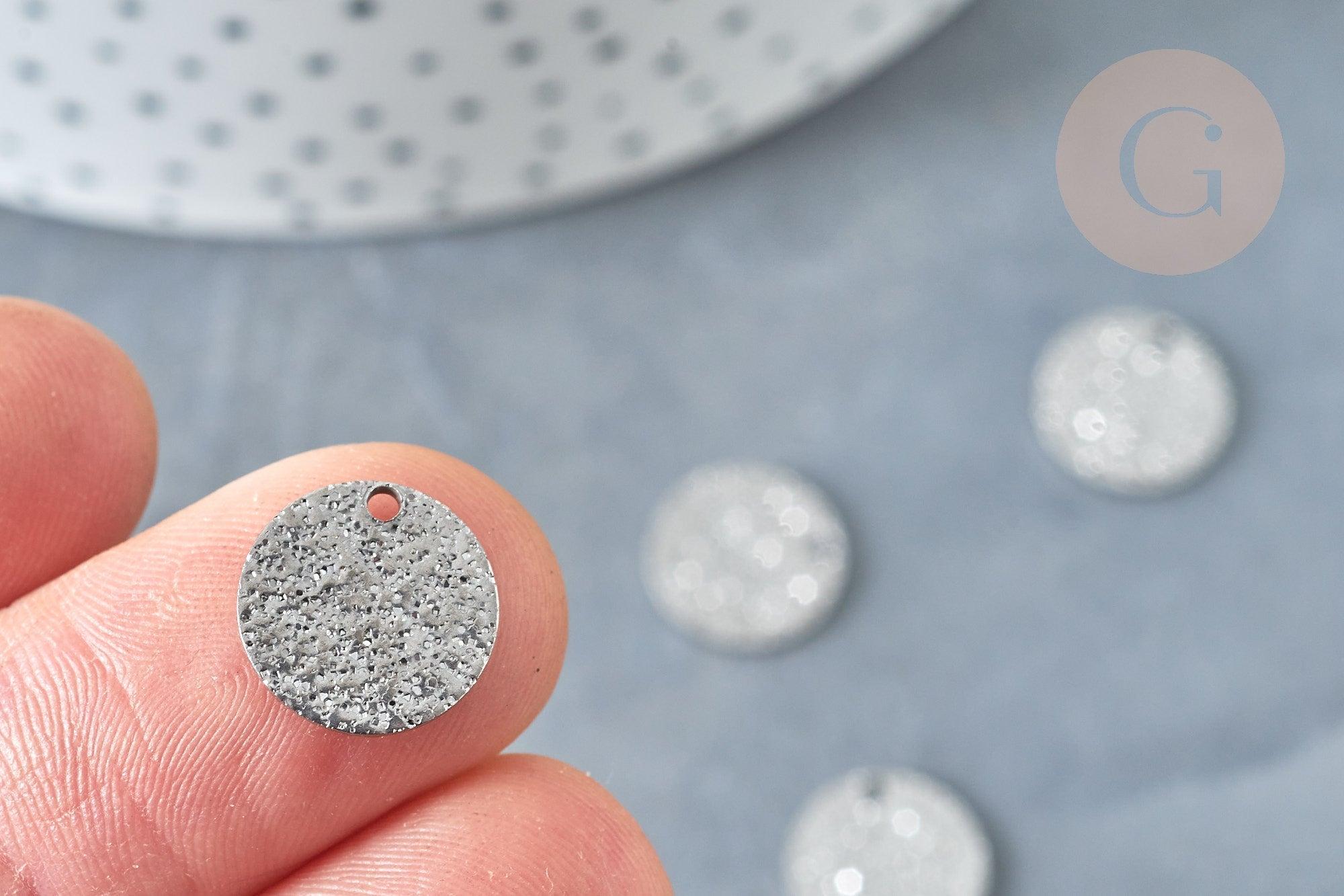Breloque ronde plate texturée argentée acier 304 inoxydable argentée 12mm, x 10 G8328