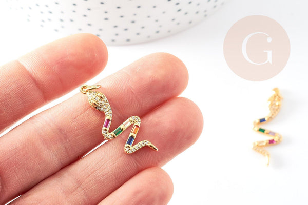 Breloque serpent laiton doré 18k cristal sans nickel,cadeau anniversaire,pendentif animal zircon, 32.5mm, x1 G4008