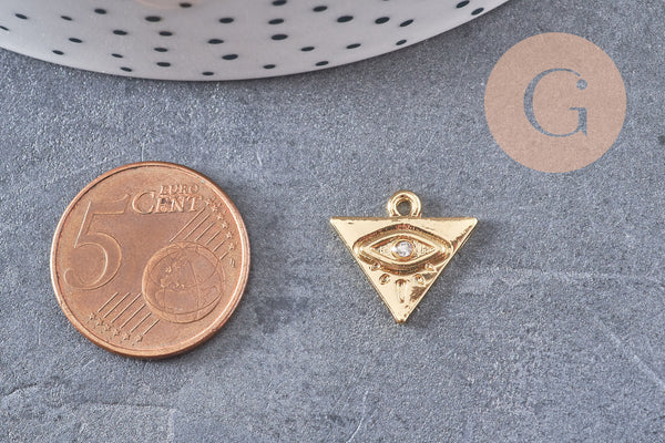 Breloque triangle oeil protecteur zamac doré 18k cristal zircon 9mm,sans nickel, pendentif chance, x1 G6007