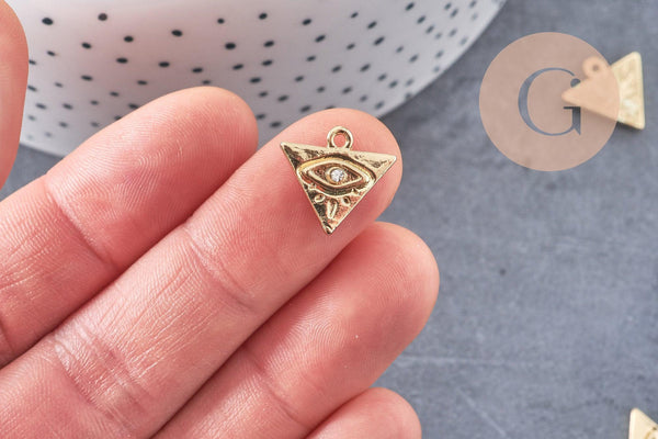 Breloque triangle oeil protecteur zamac doré 18k cristal zircon 9mm,sans nickel, pendentif chance, x1 G6007