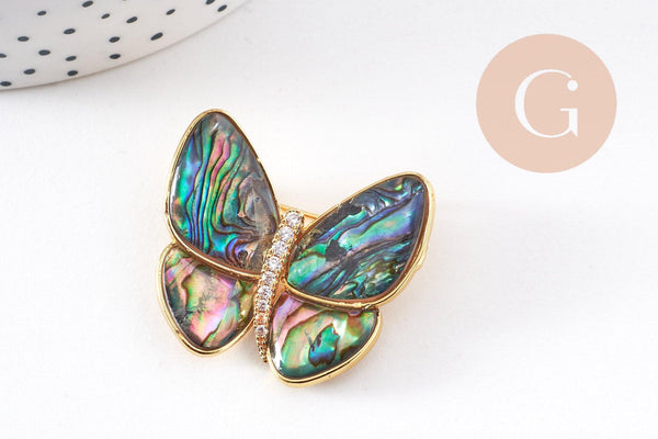 Broche Papillon Nacre noire abalone laiton doré zircons 36mm, x1 (G10164)