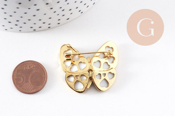 Broche Papillon Nacre noire abalone laiton doré zircons 36mm, x1 (G10164)