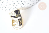 Broche Pin's Chat émail blanc et noir zamac doré 35x23mm, broche dorée, décoration veste, x1 G8082