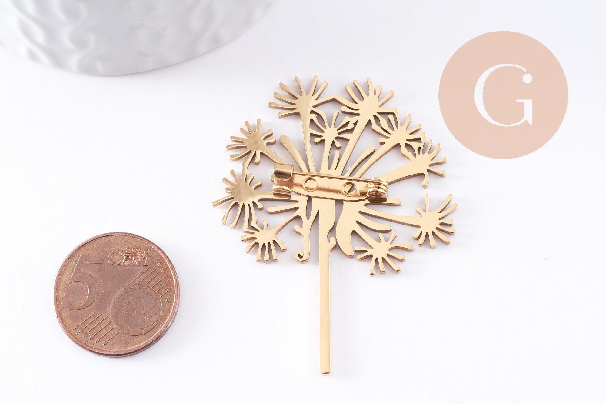 Broche Pissenlit Dandelion acier 201 inoxydable doré 52.5mm, x1 (G9925)