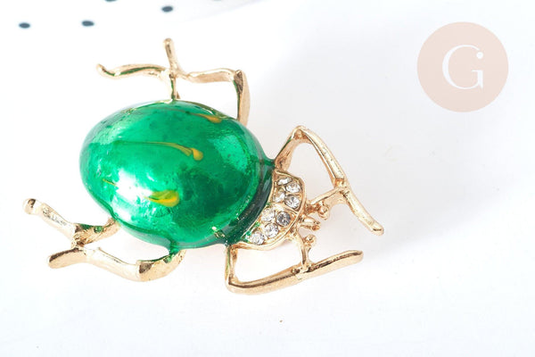 Broche Scarabée émail vert zamac doré strass blanc 39x30mm, x1 (G8066)