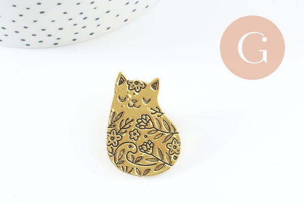 Broche chat assis gravée acier 304 inoxydable doré 35mm, x1 (G9785)