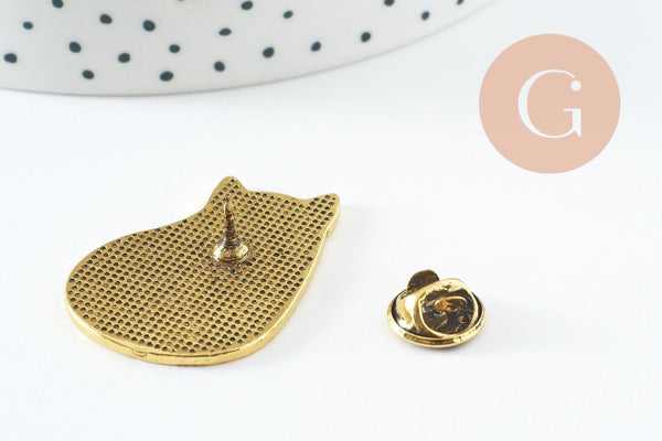 Broche chat assis gravée acier 304 inoxydable doré 35mm, x1 (G9785)