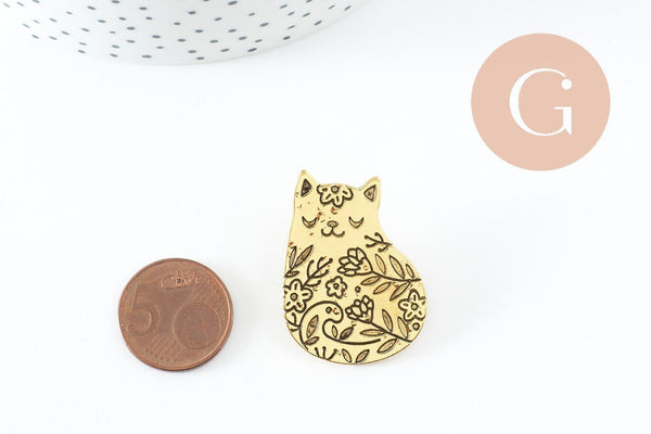 Broche chat assis gravée acier 304 inoxydable doré 35mm, x1 (G9785)