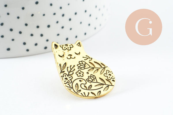 Broche chat assis gravée acier 304 inoxydable doré 35mm, x1 (G9785)