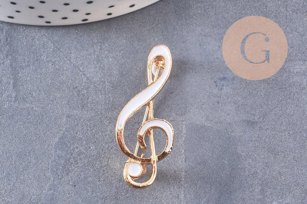 Broche clef de sol émail blanc zamac doré 39mm, x1 (G10215)