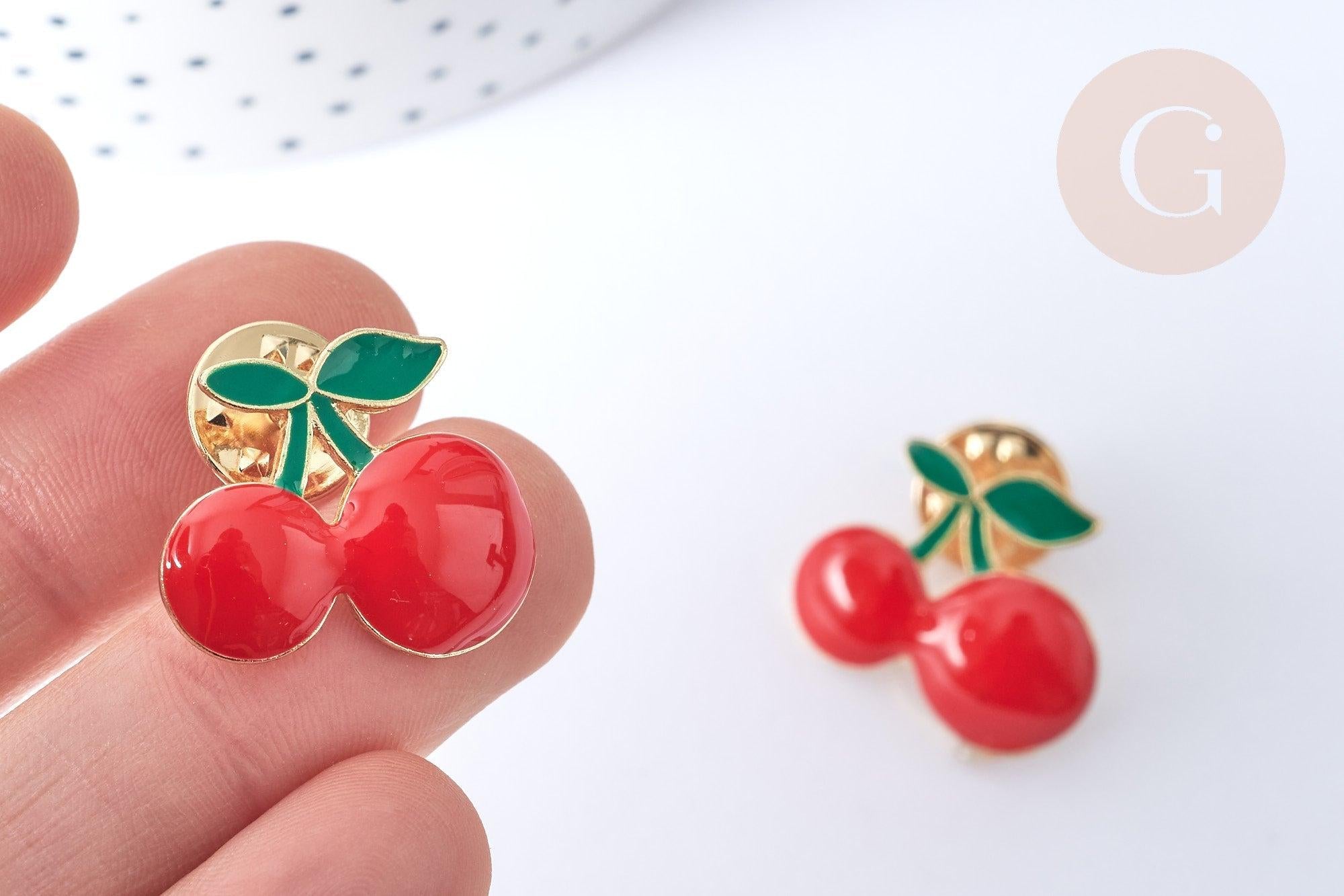 Broche émail cerise rouge et vert zamac doré 23mm, x1 (G7905)