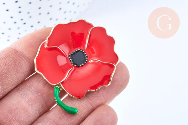 Broche fleur coquelicot rouge laiton doré émaillé 59mm, x1 (G6731)