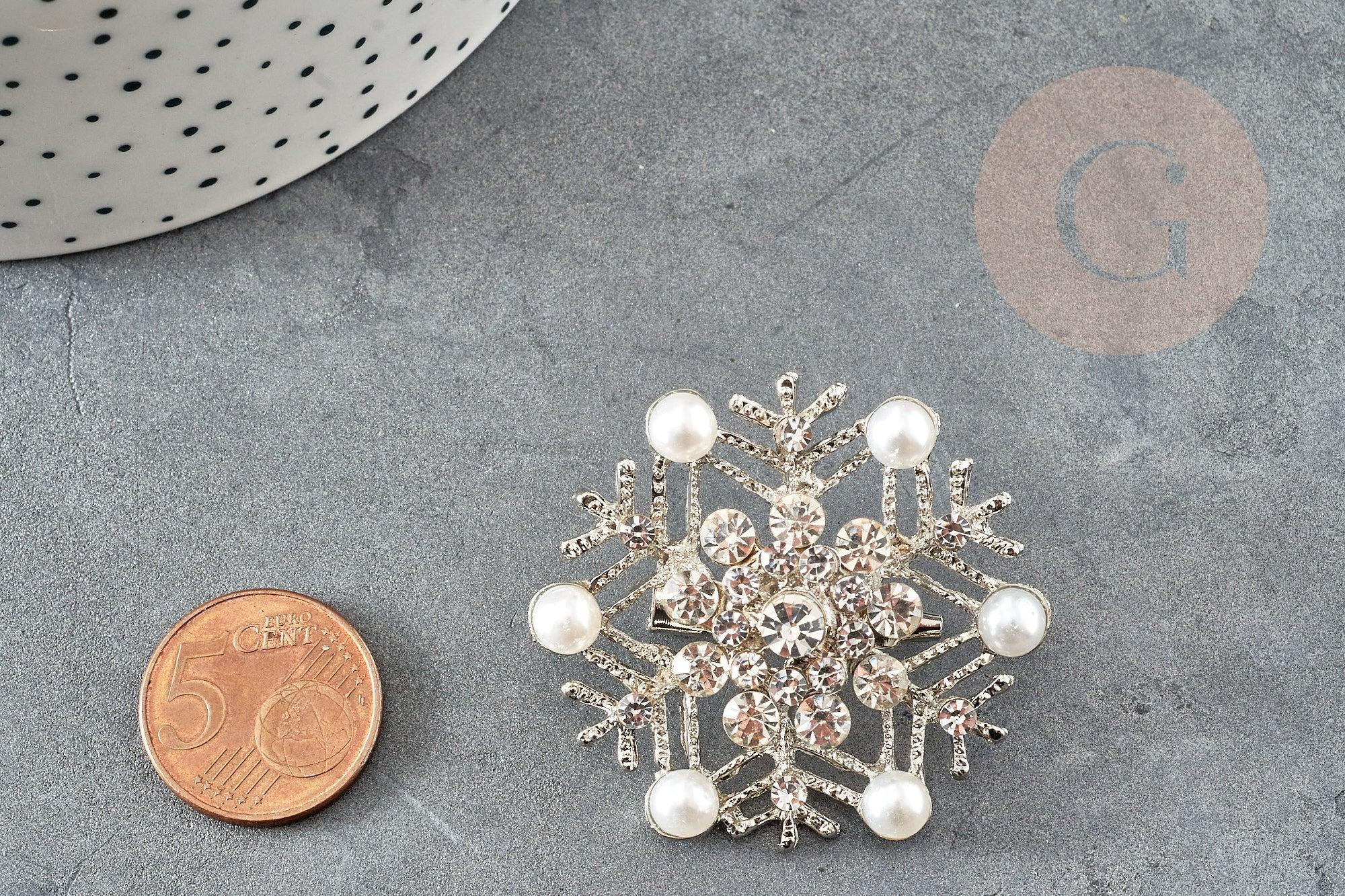 Broche flocon de neige zamac zircons 45mm, x1 (G9774)