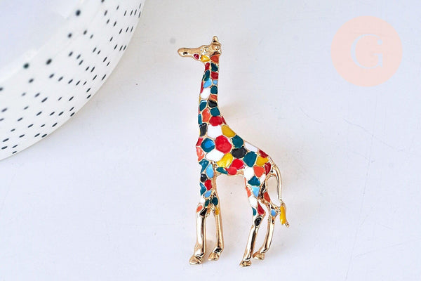 Broche girafe multicolore zamac doré émaillé 59mm, x1 (G5557)