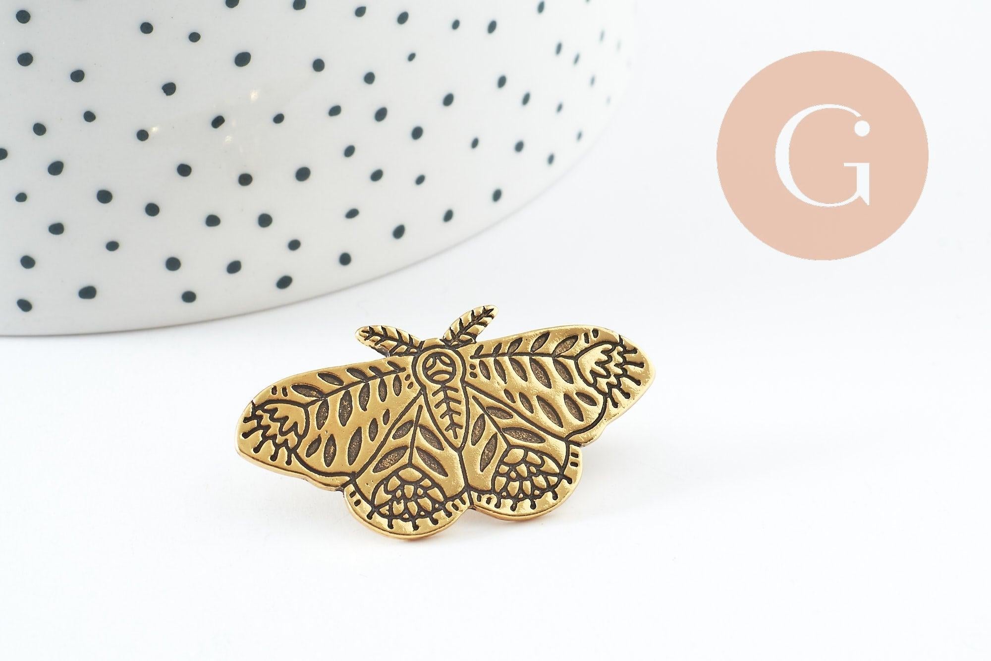 Broche papillon gravée acier 304 inoxydable doré 41mm, x1 (G9787)