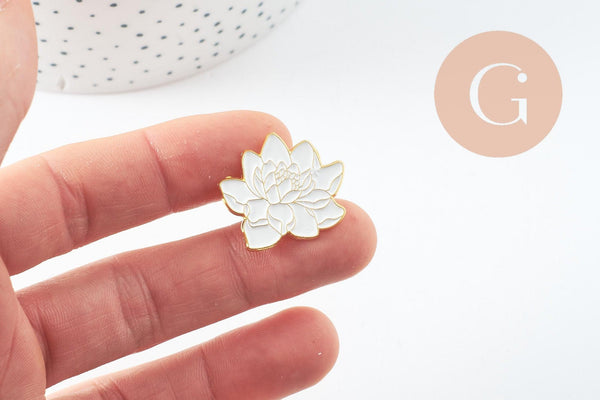 Broche pins Fleurs Lotus blanc zamac doré émail 25mm,broche dorée, décoration veste, x1 (G9744)