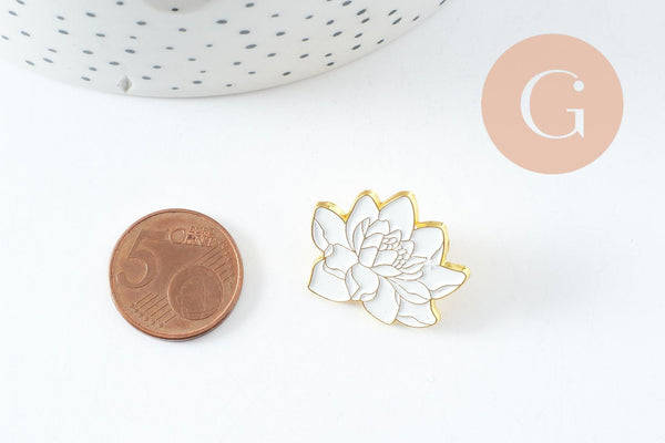 Broche pins Fleurs Lotus blanc zamac doré émail 25mm,broche dorée, décoration veste, x1 (G9744)