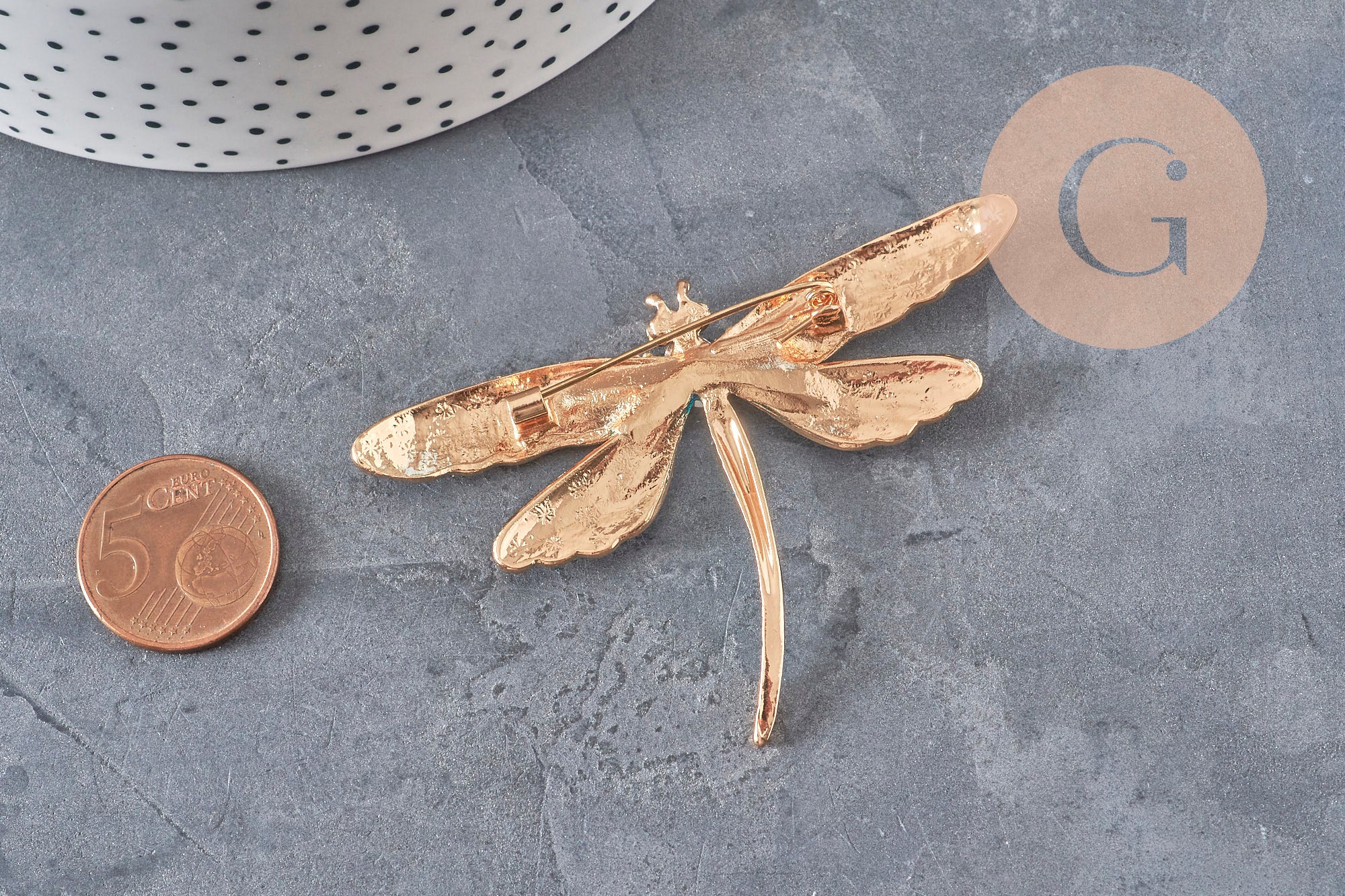 Dragonfly winged insect pin golden zamac blue 74x50mm, x1 VALID