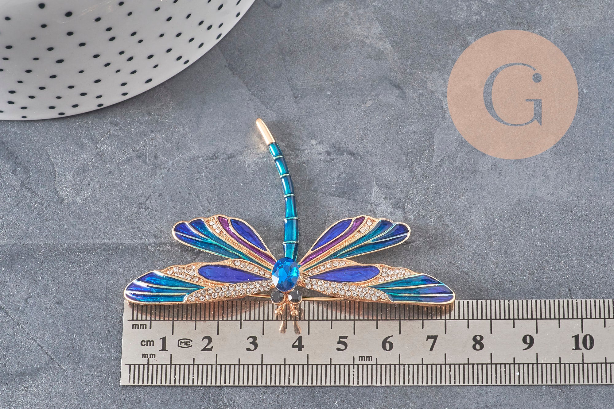 Dragonfly winged insect pin golden zamac blue 74x50mm, x1 VALID