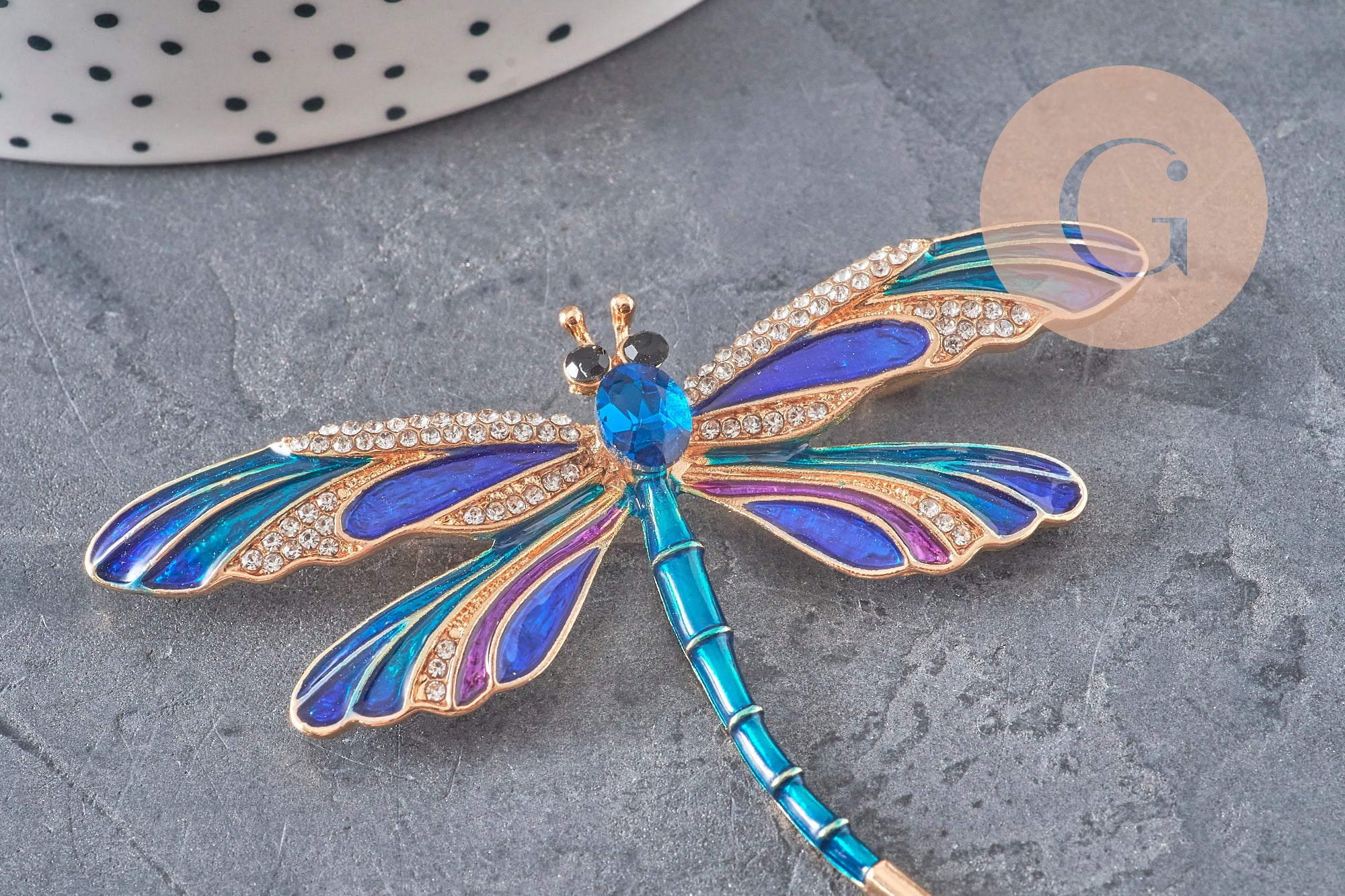 Dragonfly winged insect pin golden zamac blue 74x50mm, x1 VALID