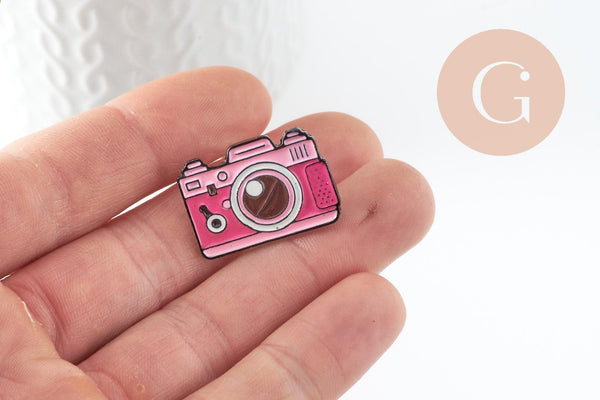 Broche pins appareil photo émaillé rose 24.5mm, x1 (G9471)