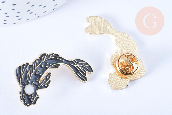 Broche pins carpe koi émail noir doré émail 38.5x23mm,broche dorée,décoration veste, x1 G6623
