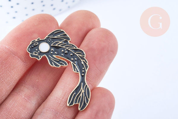 Broche pins carpe koi émail noir doré émail 38.5x23mm,broche dorée,décoration veste, x1 G6623