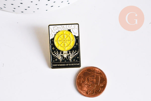 Broche pins carte tarot La roue de la fortune mystique émail noir doré émail 30.5mm,broche dorée,décoration veste,x1 G6764