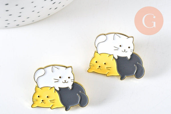 Broche pins chat gris, blanc &june Yang mystique doré émail noir,broche dorée, décoration veste, 30x24.5mm,x1 G6322